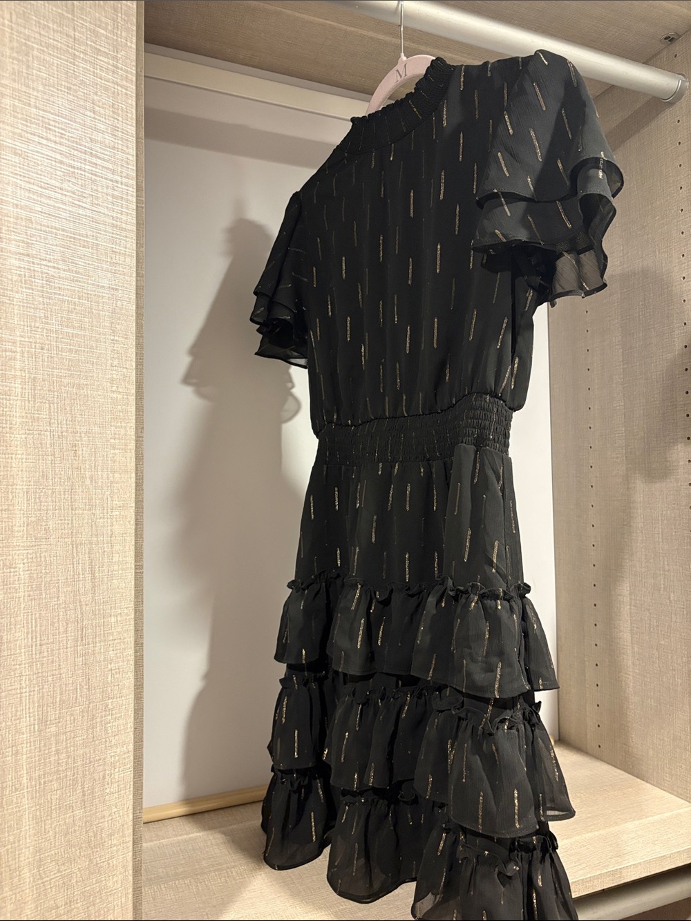 Black Ruffle Tiered Short-Sleeve Dress with Gold Accent